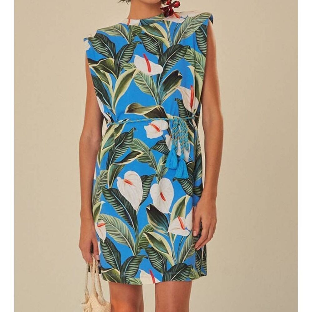 Farm Rio Blue Anthurium Garden Organic Cotton Mini T-shirt Dress SZ XL NWT